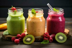 ai gegenereerd vers fruit smoothies in glas potten, kleurrijk smoothies in glas potten Aan een vensterbank, met fruit in de voorgrond, ai gegenereerd foto