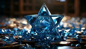 ai gegenereerd glimmend blauw edelsteen, luxe sieraden, gloeiend ster vorm geven aan, levendig viering gegenereerd door ai foto