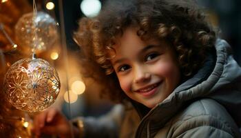 ai gegenereerd glimlachen kind op zoek Bij camera, genieten van Kerstmis decoratie en warmte gegenereerd door ai foto