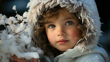 ai gegenereerd schattig Kaukasisch kind lachend, spelen in winter sneeuw buitenshuis gegenereerd door ai foto