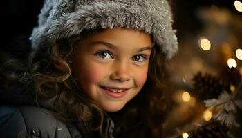 ai gegenereerd glimlachen kind in winter, geluk en vreugde buitenshuis, op zoek Bij camera gegenereerd door ai foto