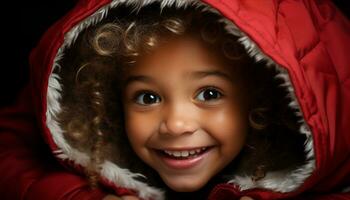 ai gegenereerd glimlachen kind, schattig portret, geluk in winter, op zoek Bij camera gegenereerd door ai foto