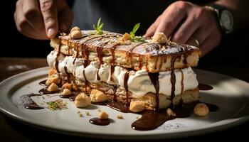 ai gegenereerd vers gebakken eigengemaakt chocola taart met geslagen room en fruit gegenereerd door ai foto