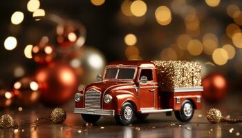 ai gegenereerd een glimmend speelgoed- vrachtauto leveren Kerstmis decoraties in de sneeuw gegenereerd door ai foto