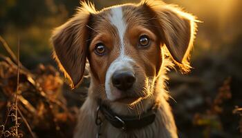 ai gegenereerd schattig puppy zittend in gras, op zoek Bij camera buitenshuis gegenereerd door ai foto