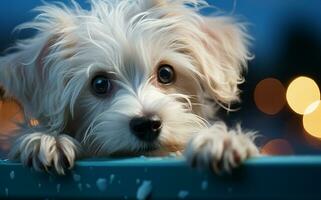 ai gegenereerd schattig klein puppy zittend buitenshuis, op zoek Bij camera met vreugde gegenereerd door ai foto