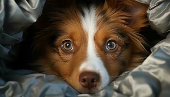 ai gegenereerd schattig puppy aan het liegen omlaag, op zoek Bij camera, pluizig en klein gegenereerd door ai foto