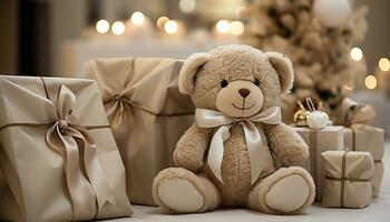 ai gegenereerd een schattig teddy beer zit door de versierd Kerstmis boom gegenereerd door ai foto