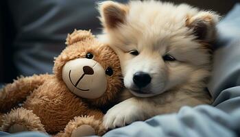 ai gegenereerd schattig puppy zittend Aan bed, op zoek Bij teddy beer gegenereerd door ai foto