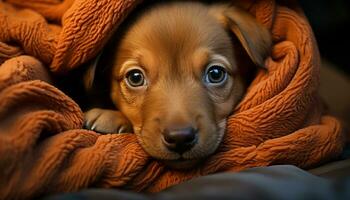 ai gegenereerd schattig puppy zitten, op zoek Bij camera, pluizig vacht, speels gegenereerd door ai foto