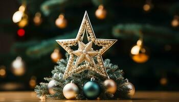 ai gegenereerd Kerstmis boom gloeiend met glimmend goud ornamenten en decoraties gegenereerd door ai foto