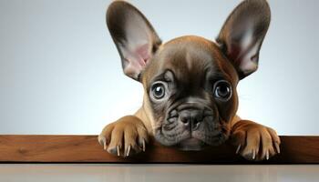 ai gegenereerd schattig Frans bulldog puppy zitten, op zoek Bij camera met nieuwsgierigheid gegenereerd door ai foto