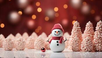 ai gegenereerd sneeuwman decoratie brengt winter viering met schattig sneeuwvlok achtergrond gegenereerd door ai foto