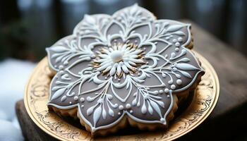 ai gegenereerd eigengemaakt chocola sneeuwvlok koekje Aan elegant hout tafel gegenereerd door ai foto