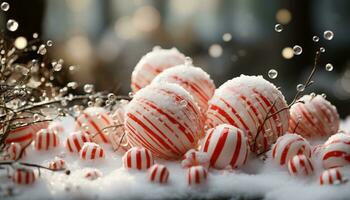 ai gegenereerd winter sneeuwvlok decoratie Aan ijzig tak, natuur Kerstmis viering gegenereerd door ai foto