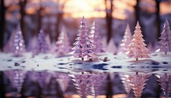 ai gegenereerd winter Woud weerspiegelt de schoonheid van natuur in Purper schemer gegenereerd door ai foto