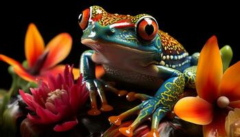 ai gegenereerd een schattig rood ogen boom kikker zittend Aan een blad gegenereerd door ai foto