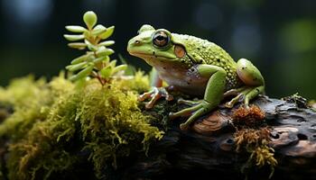 ai gegenereerd een schattig pad zittend Aan een nat blad in de Woud gegenereerd door ai foto