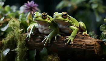 ai gegenereerd een schattig rood ogen boom kikker zittend Aan een groen blad gegenereerd door ai foto