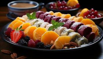 ai gegenereerd vers fruit salade een gezond, kleurrijk, fijnproever toetje optie gegenereerd door ai foto