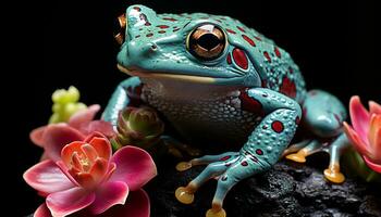 ai gegenereerd schattig rood ogen boom kikker zittend Aan groen plant, op zoek Bij camera gegenereerd door ai foto