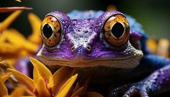 ai gegenereerd schattig rood ogen boom kikker zitten, staren met levendig groen ogen gegenereerd door ai foto