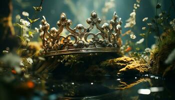 ai gegenereerd majestueus prinses draagt gouden tiara, omringd door natuur elegantie gegenereerd door ai foto