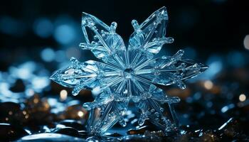 ai gegenereerd glimmend ijs kristal, gloeiend sneeuwvlok, verlichte winter viering gegenereerd door ai foto