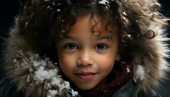 ai gegenereerd schattig kind glimlachen buitenshuis, op zoek Bij camera in winter gegenereerd door ai foto