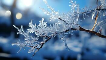 ai gegenereerd winter schoonheid blauw vorst Aan tak, sneeuw gedekt boom, ijzig seizoen gegenereerd door ai foto