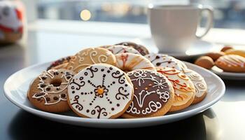 ai gegenereerd vers gebakken zandkoekjes koekje met chocola suikerglazuur Aan een bord gegenereerd door ai foto