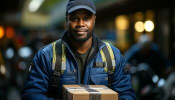 ai gegenereerd Afrikaanse Amerikaans Mens leveren pakketjes, glimlachen vol vertrouwen in de stad gegenereerd door ai foto