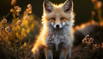 ai gegenereerd schattig rood vos puppy zittend in gras, op zoek Bij camera gegenereerd door ai foto