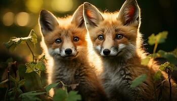 ai gegenereerd schattig rood vos puppy spelen in herfst Woud, op zoek Bij camera gegenereerd door ai foto