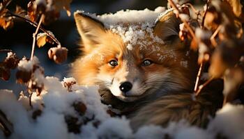 ai gegenereerd schattig puppy spelen in de sneeuw, op zoek Bij de zon gegenereerd door ai foto