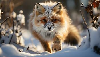 ai gegenereerd schattig rood vos zittend in sneeuw, op zoek Bij camera gegenereerd door ai foto