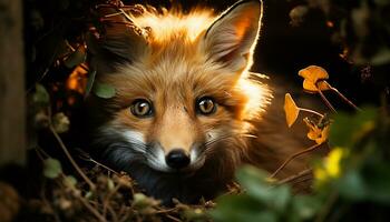 ai gegenereerd schattig puppy zittend in herfst Woud, op zoek Bij u gegenereerd door ai foto