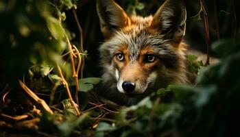 ai gegenereerd schattig puppy zittend in gras, op zoek Bij camera in Woud gegenereerd door ai foto