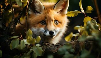 ai gegenereerd schattig rood vos puppy zittend Aan tak, op zoek Bij camera gegenereerd door ai foto