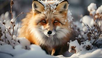 ai gegenereerd schattig rood vos in winter Woud, op zoek Bij camera gegenereerd door ai foto