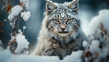 ai gegenereerd majestueus bobcat stalken, staren, verkoudheid winter wildernis gegenereerd door ai foto