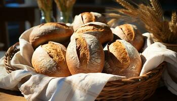 ai gegenereerd vers gebakken brood in een rustiek rieten mand gegenereerd door ai foto