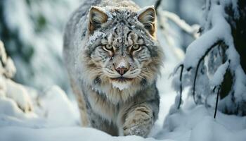 ai gegenereerd majestueus sneeuw luipaard stalken, Gevaar in de wildernis gegenereerd door ai foto