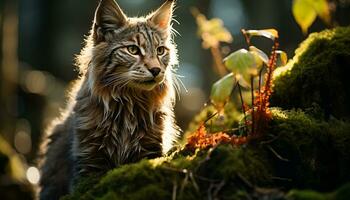 ai gegenereerd schattig katje zittend in gras, staren alert gegenereerd door ai foto