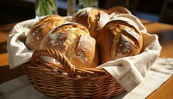 ai gegenereerd vers gebakken brood in een rustiek rieten mand gegenereerd door ai foto