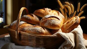 ai gegenereerd vers gebakken brood in een rieten mand gegenereerd door ai foto