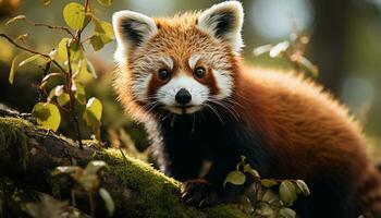 ai gegenereerd schattig rood panda zittend Aan tak, op zoek Bij camera gegenereerd door ai foto
