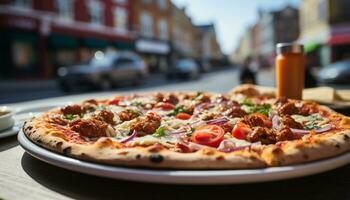 ai gegenereerd vers gebakken pizza Aan houten tafel, Italiaans cultuur gegenereerd door ai foto