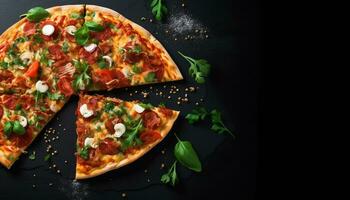 ai gegenereerd vers gebakken pizza plak Aan rustiek houten tafel gegenereerd door ai foto