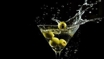 ai gegenereerd verfrissend martini met olijf, spatten in drinken glas gegenereerd door ai foto